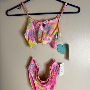 Breaking Waves Girls Size‎ 8 Bikini Set Floral Heart Multi Color UPF 50 New